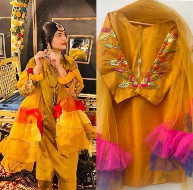Exquisite Women's Stitched Embroidered Suit - 3 Pcs Set in Mustard Katan Silk