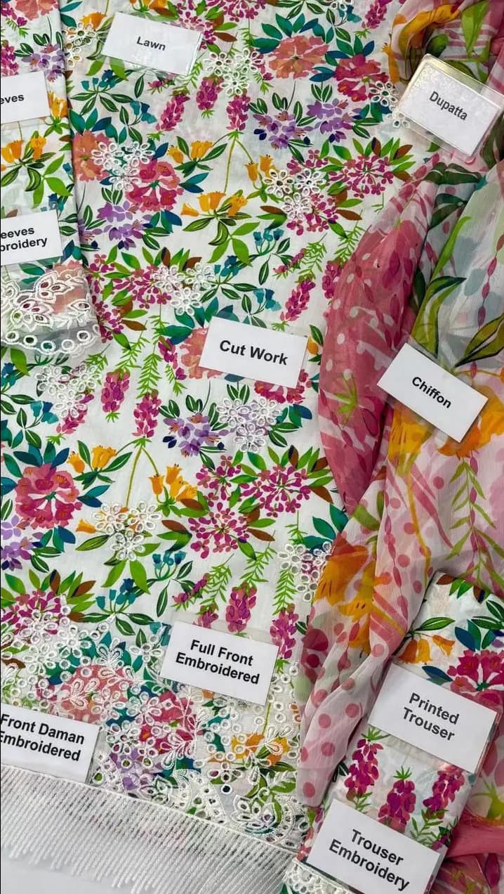 Afrozeh AL-24-Vanilla  Al Nisa Embroidery Collection  Unstitched 3-Piece Lawn & Chiffon Suit for Women